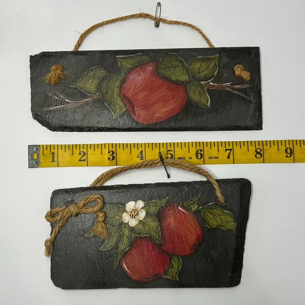 Hand Painted Slate Apple Wall Hanging Decor Set of‎ 2 Home Decor Cute Art